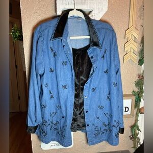 Vintage Cloud Z Denim Layered Top Black Velour Embroidered Florals Women’s 14/16